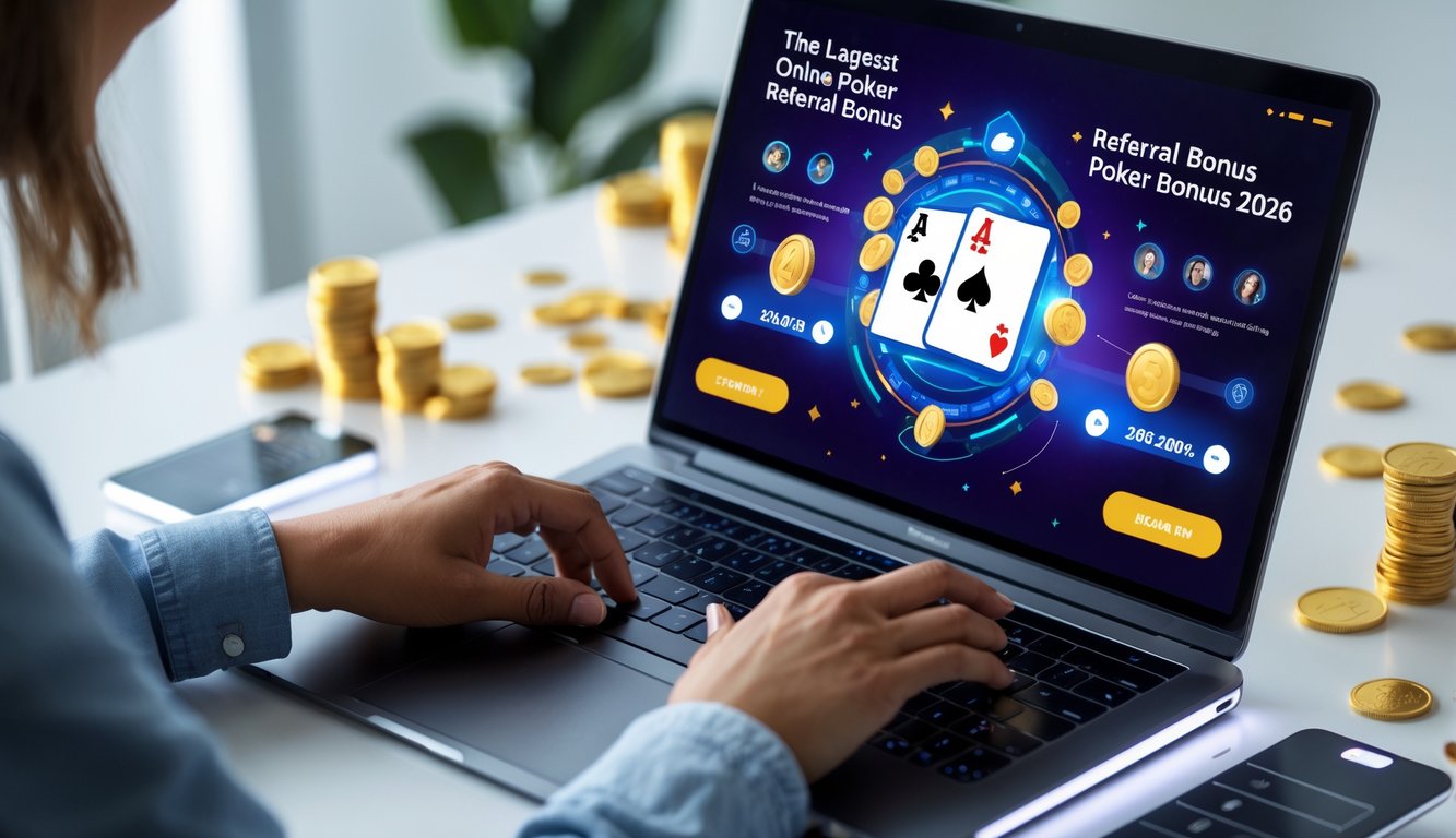 Seseorang menggunakan laptop dengan tampilan permainan poker online dan ikon bonus referral di layar, dikelilingi oleh koin emas dan grafik jaringan referral.