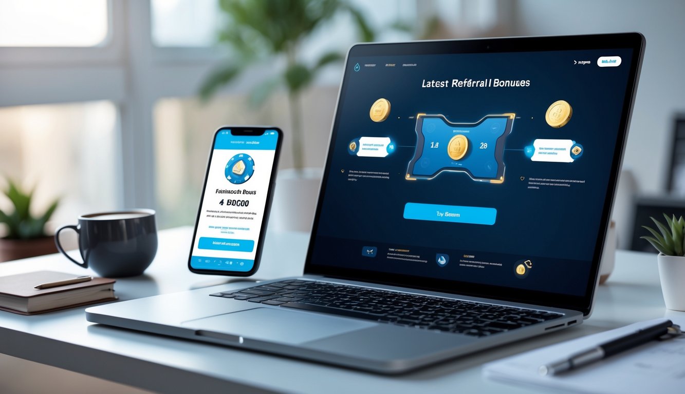 Seorang pengguna laptop dan ponsel dengan tampilan permainan poker online dan notifikasi bonus referral di meja kerja yang rapi.