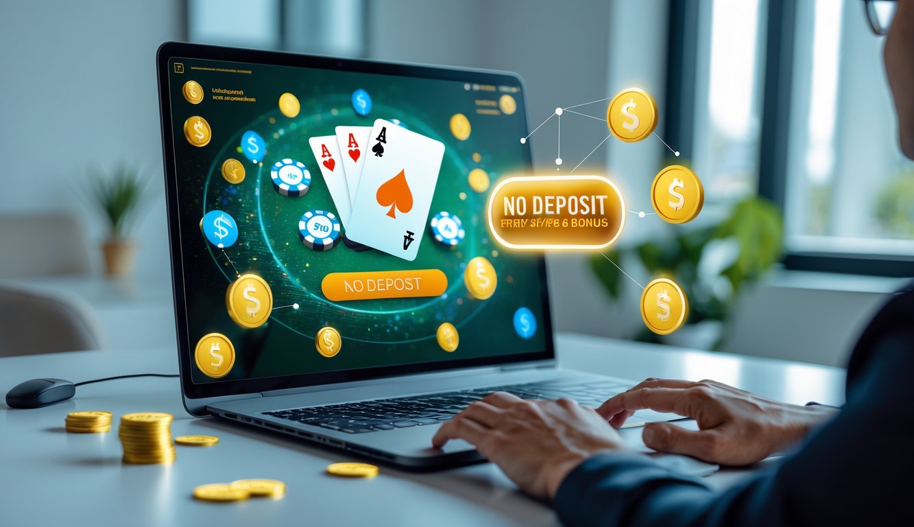 Seseorang sedang menggunakan komputer dengan tampilan permainan poker online dan simbol bonus referral tanpa deposit di layar.