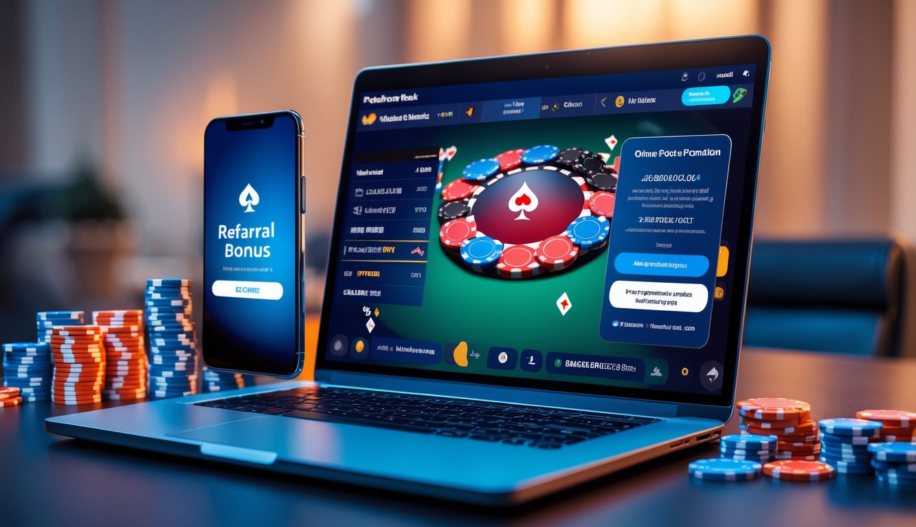 Seorang pria menggunakan laptop dengan permainan poker online di layar, dikelilingi chip poker dan ponsel yang menampilkan notifikasi bonus referral.