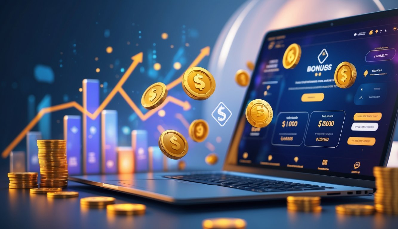 Seorang pengguna sedang bermain poker online di laptop dengan ikon koin dan grafik naik di sekitar perangkat yang menunjukkan bonus dan keuntungan dari program referral.