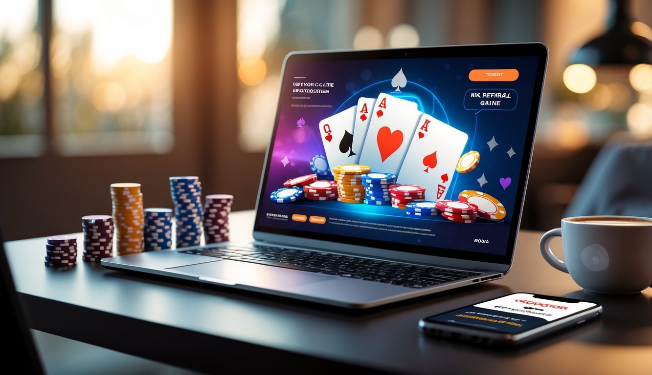 Seorang pria menggunakan laptop dengan permainan poker online di layar, dikelilingi chip poker dan ponsel di meja.