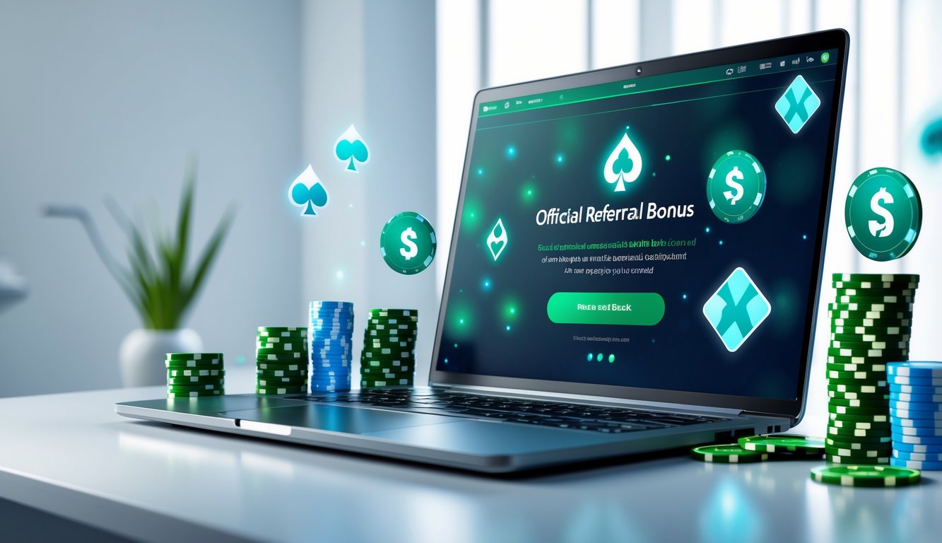 Seorang pria menggunakan laptop dengan tampilan permainan poker online dan simbol chip poker serta ikon bonus di sekitarnya.