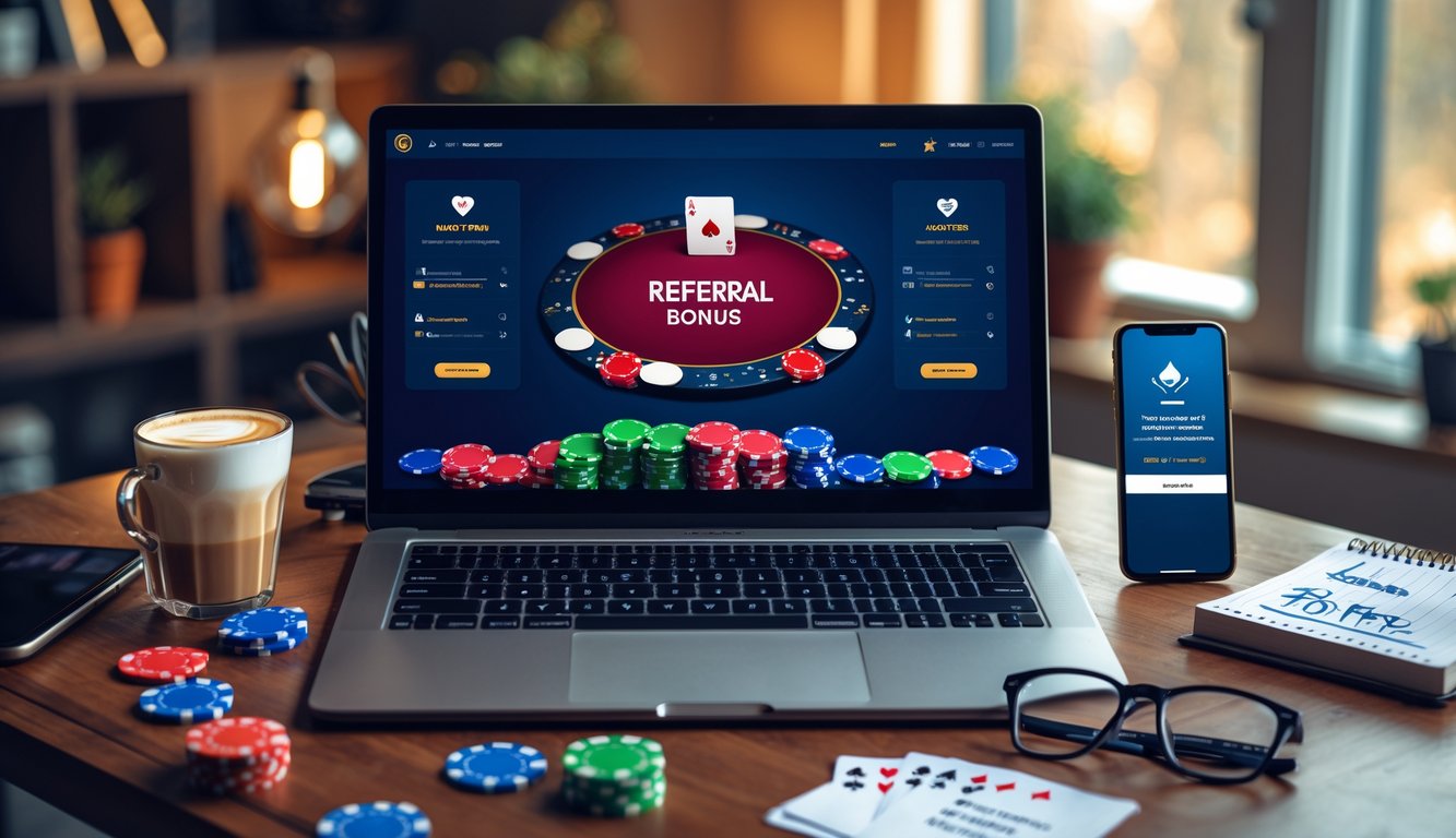 Meja kerja dengan laptop menampilkan permainan poker online, chip poker, kartu, ponsel dengan notifikasi bonus, dan alat tulis di ruangan yang terang.