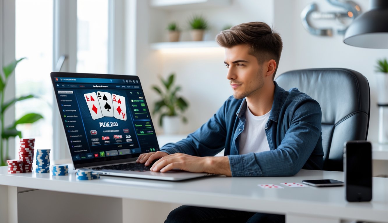 Seorang pria muda duduk di meja dengan laptop, fokus bermain poker online dengan kartu dan chip poker di sekitar.