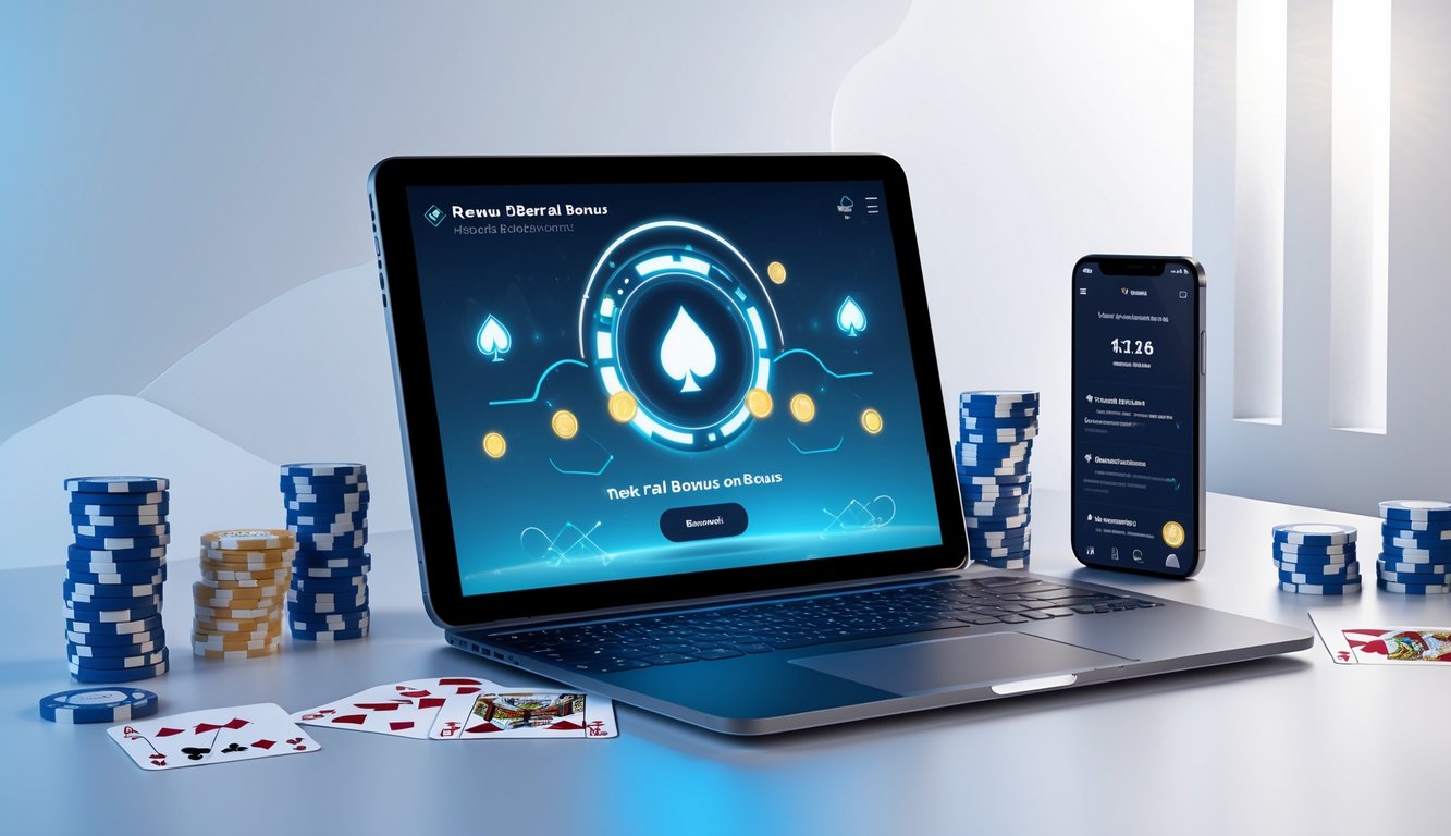 Sebuah meja dengan perangkat digital menampilkan permainan poker online, dikelilingi chip poker dan kartu, menunjukkan suasana permainan poker online modern.