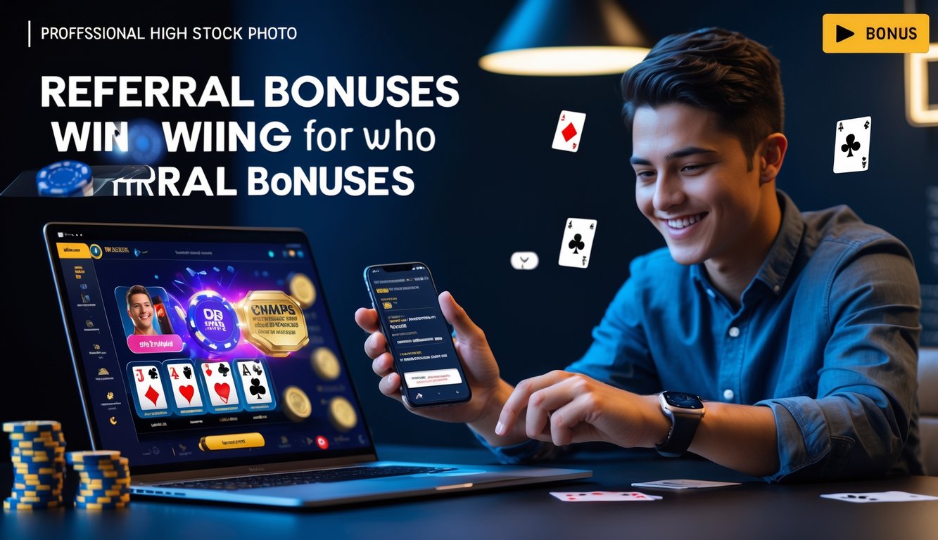 Seorang dewasa muda tersenyum sambil menggunakan laptop dan ponsel untuk bermain poker online dengan chip dan kartu di meja.