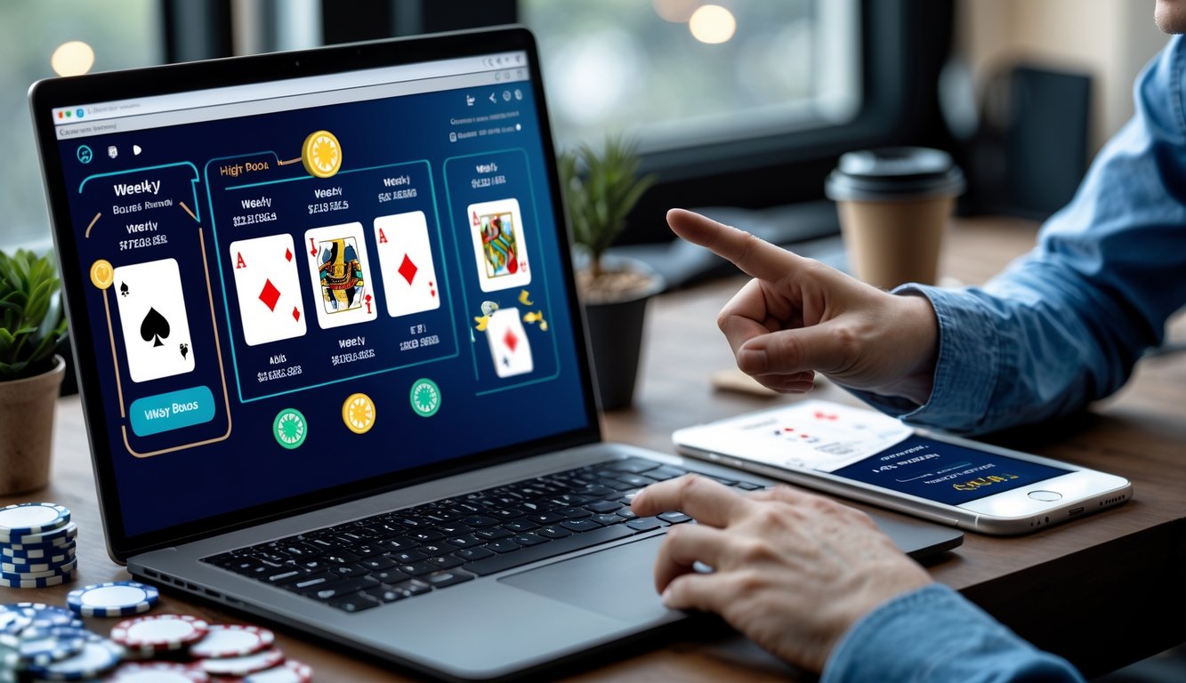 Seseorang menggunakan laptop dengan tampilan permainan poker online dan chip poker di meja, menunjukkan aktivitas mendapatkan bonus referral poker online.