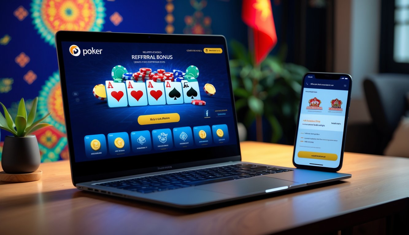 Seorang pengguna sedang bermain poker online di laptop dengan notifikasi bonus referral di ponsel, di meja yang rapi dengan elemen budaya Indonesia di latar belakang.