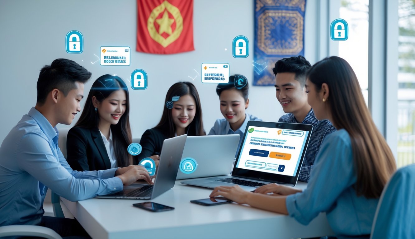 Beberapa orang menggunakan laptop dan ponsel untuk bermain poker online dengan suasana yang aman dan resmi.