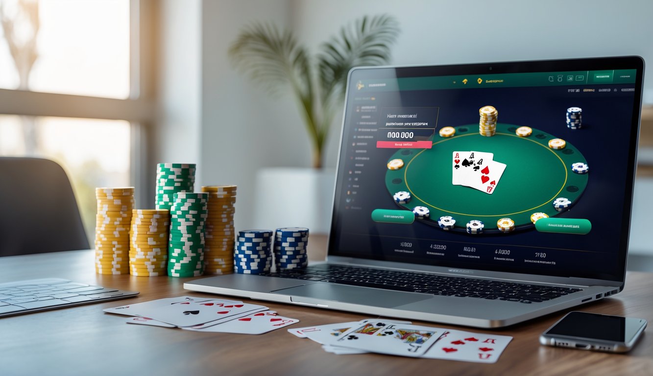 Meja kerja modern dengan laptop yang menampilkan permainan poker online, tumpukan chip poker, kartu bermain, dan ponsel dengan notifikasi bonus referral.