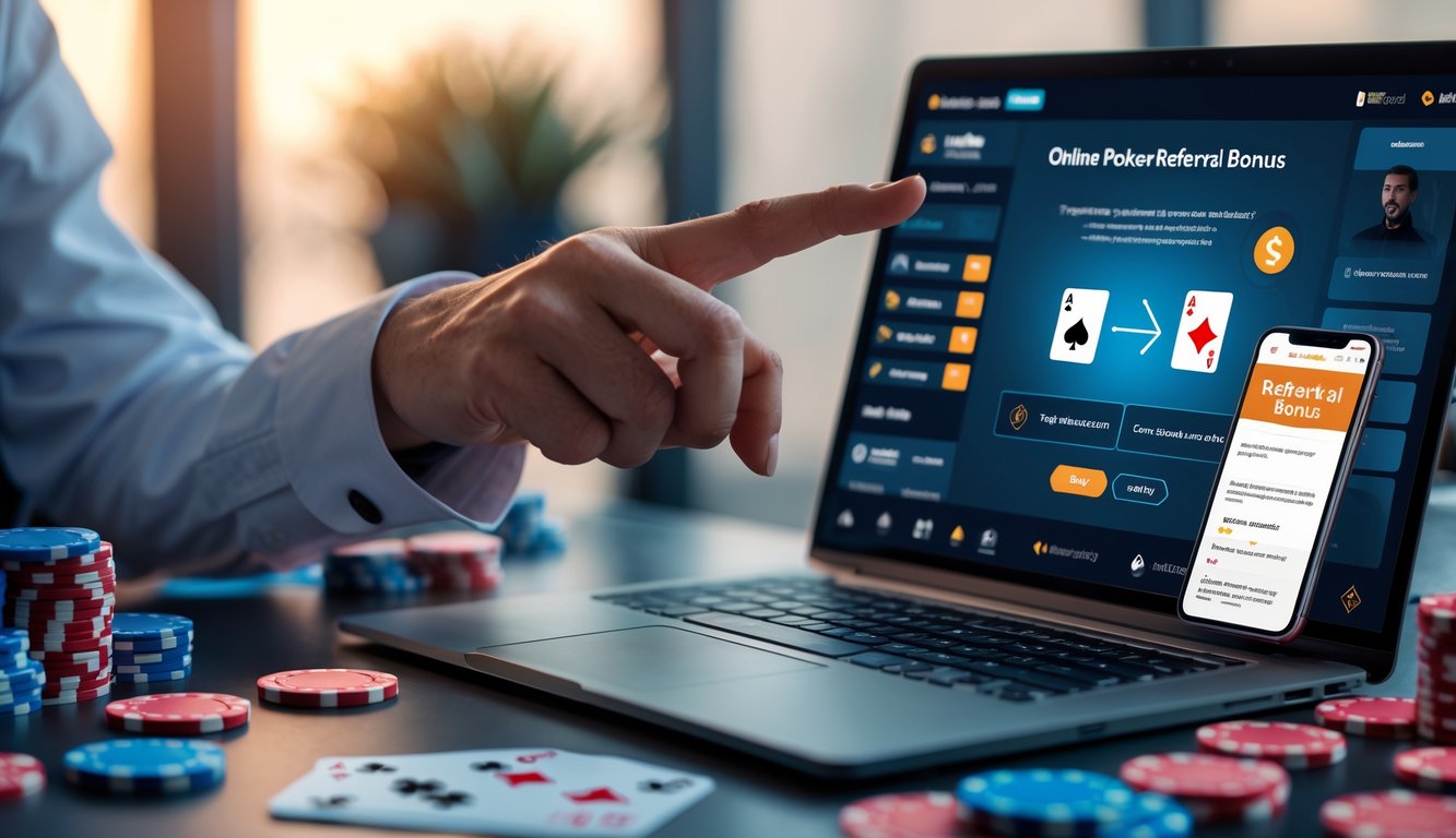 Seseorang menunjuk layar laptop yang menampilkan permainan poker online dengan chip dan kartu di meja