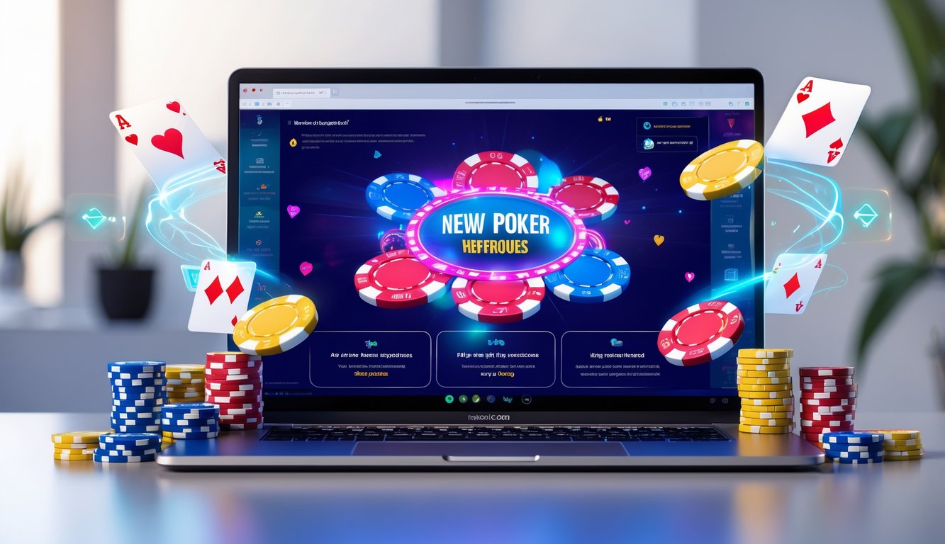 Seorang pengguna laptop dengan tampilan permainan poker online dan chip poker di meja, menunjukkan suasana bermain poker daring dengan bonus dan promo.