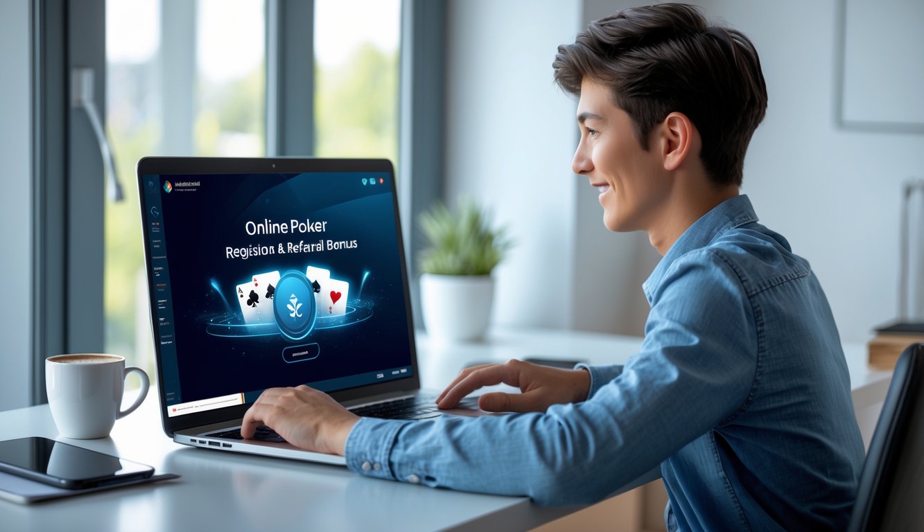 Seorang dewasa muda duduk di meja kerja menggunakan laptop di ruangan yang terang dan rapi.