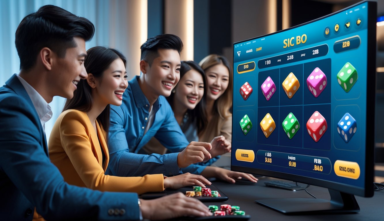 Beberapa orang muda sedang bermain permainan Sic Bo online di komputer dengan suasana ruangan yang nyaman dan modern.