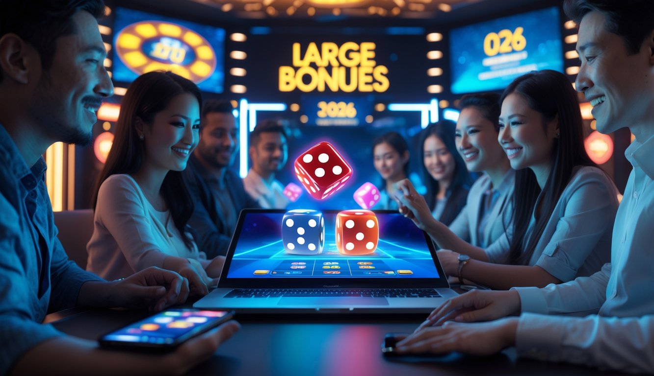 Orang-orang bermain permainan Sic Bo online dengan perangkat digital dalam suasana kasino modern.