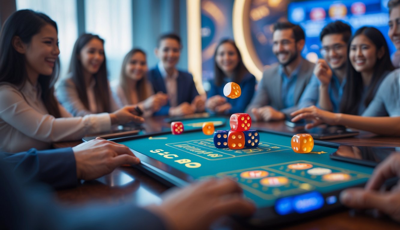 Sebuah sesi permainan Sic Bo online dengan dadu berwarna-warni di meja virtual dan beberapa pemain yang terlihat antusias bermain melalui perangkat mereka.