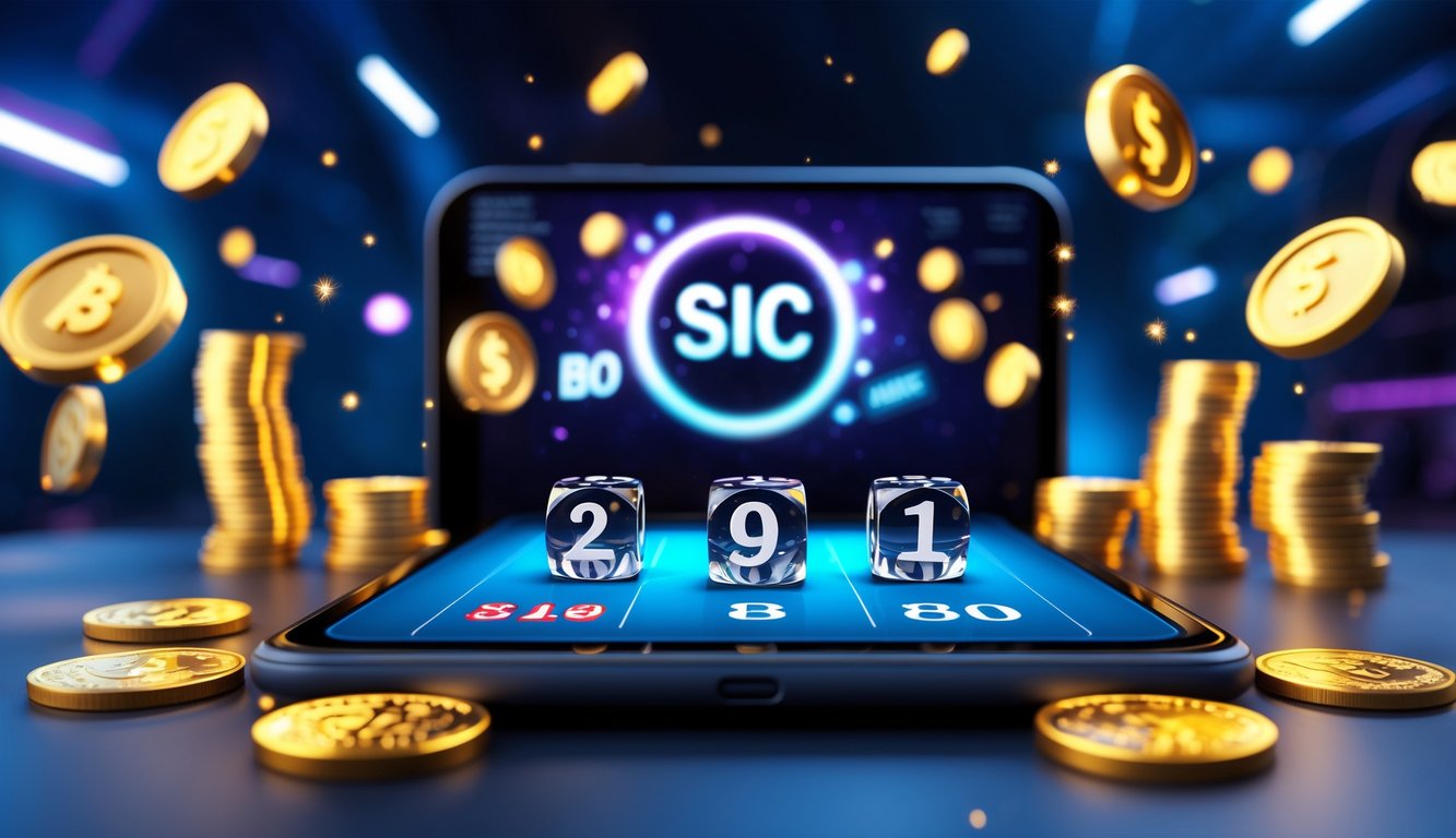 Tampilan permainan Sic Bo online dengan dadu digital dan simbol bonus serta kemenangan di latar belakang.