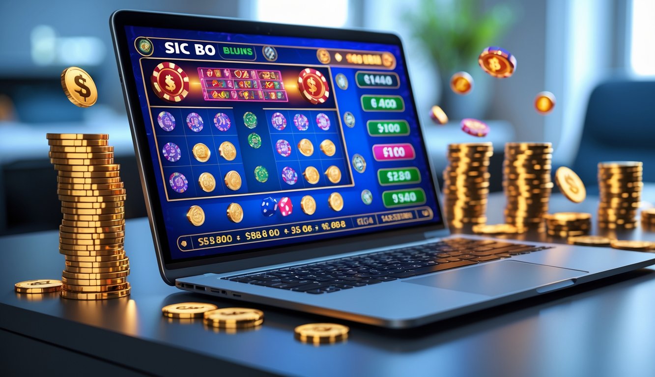 Seorang pemain menggunakan laptop dengan permainan Sic Bo online yang menampilkan dadu dan taruhan, di meja kerja dengan chip kasino dan simbol bonus di sekitar.