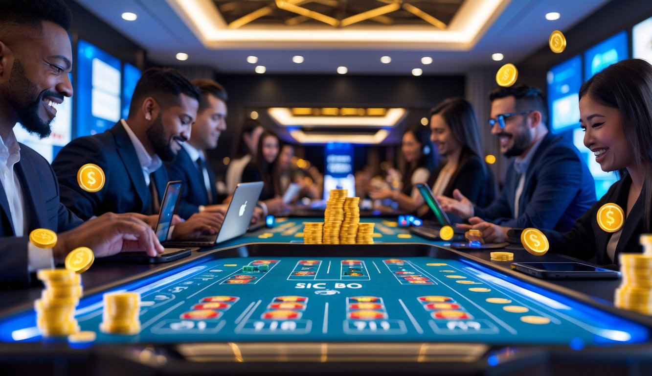 Suasana meja permainan Live Sic Bo online dengan pemain yang menggunakan laptop dan ponsel, menampilkan dadu yang sedang bergulir dan simbol bonus serta pembayaran cepat.