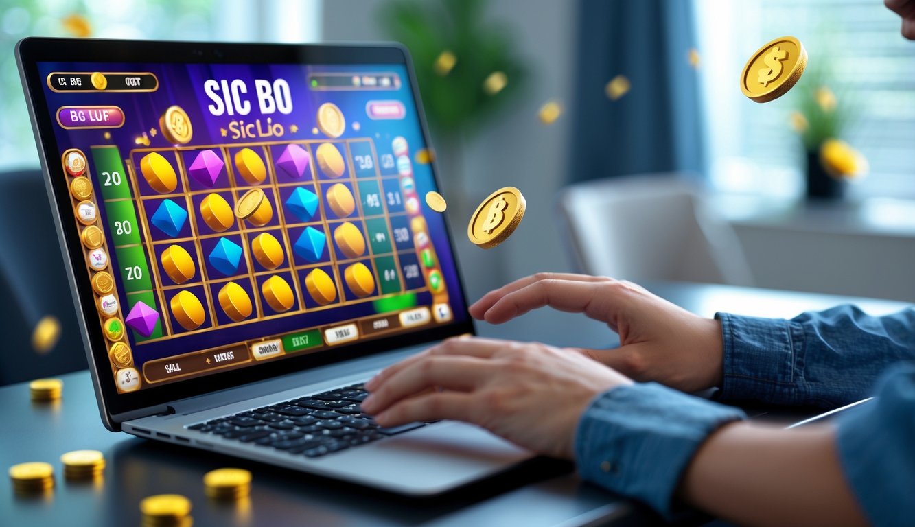 Seorang pemain muda sedang bermain permainan Sic Bo online di laptop di meja yang rapi dengan latar belakang ruangan yang terang.