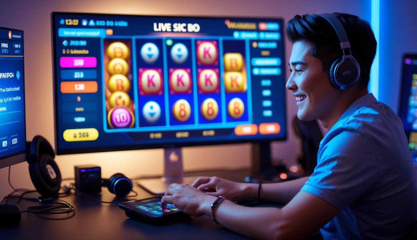 Seorang pemain muda sedang bermain permainan Sic Bo online di komputer dengan suasana ruangan gaming yang modern dan terang.