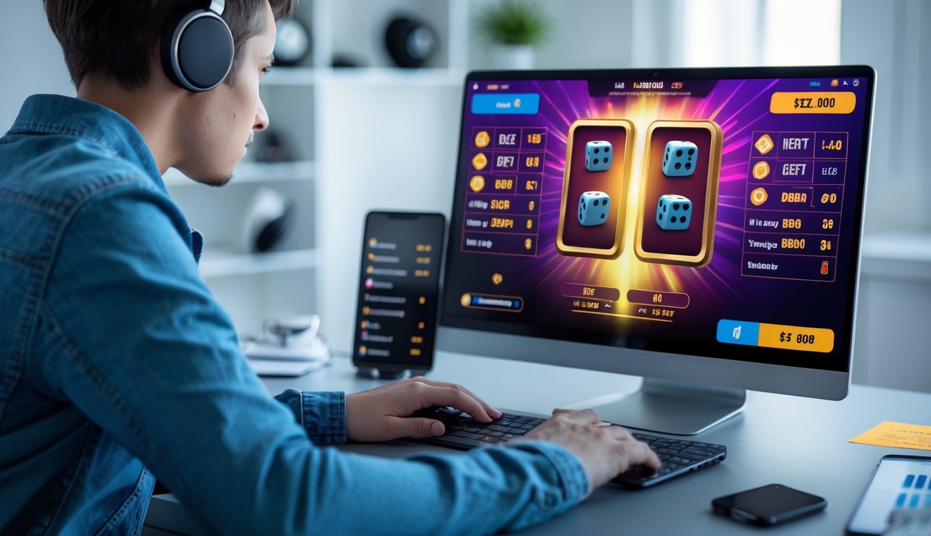 Seorang pria fokus bermain permainan Sic Bo online di depan komputer di ruang kerja yang rapi dan terang.