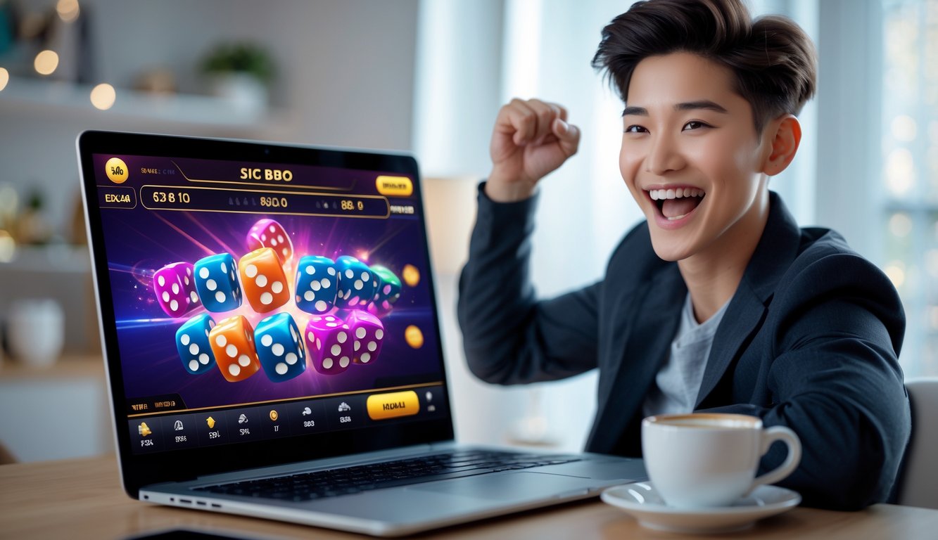 Seseorang sedang bermain permainan Sic Bo online di depan komputer di ruangan dengan pencahayaan hangat.