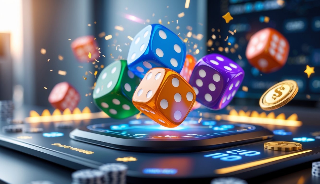 Tampilan permainan Sic Bo online dengan dadu digital berwarna-warni sedang bergerak dan efek visual yang menunjukkan bonus besar dan jackpot cepat.