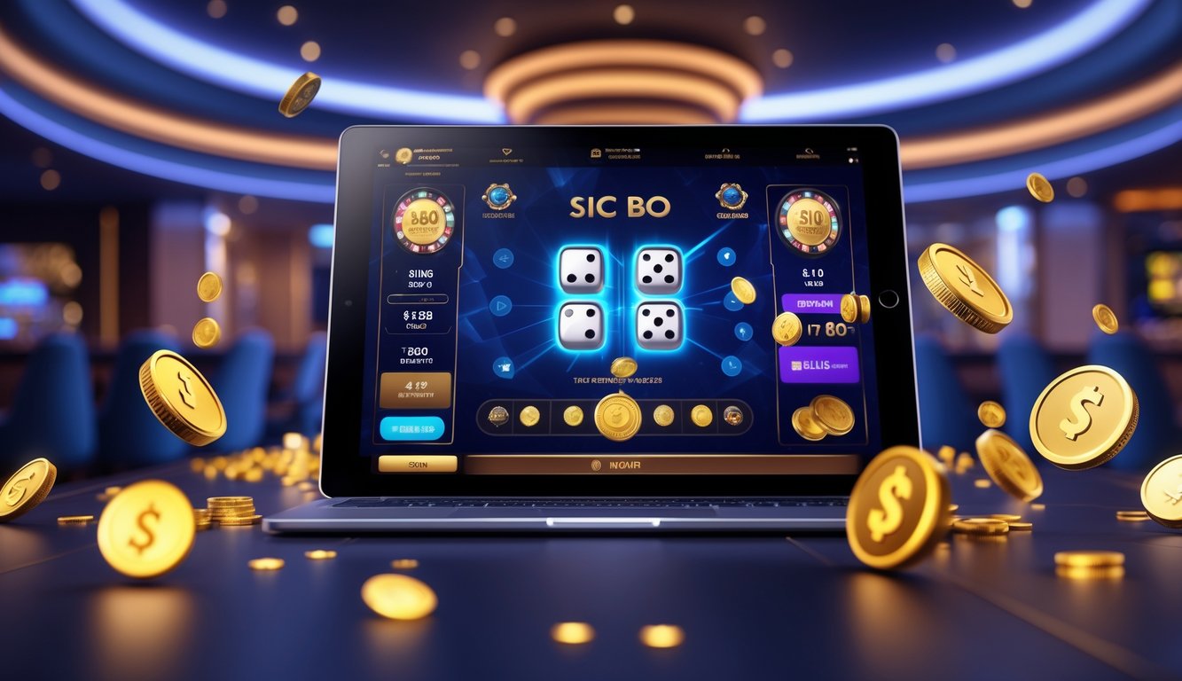 Seseorang bermain permainan Sic Bo online dengan tampilan digital di layar komputer, menampilkan dadu dan simbol jackpot dalam suasana kasino modern.