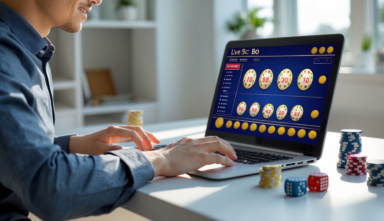 Seseorang sedang bermain permainan Sic Bo online di laptop di meja kerja di rumah dengan suasana yang nyaman dan terang.