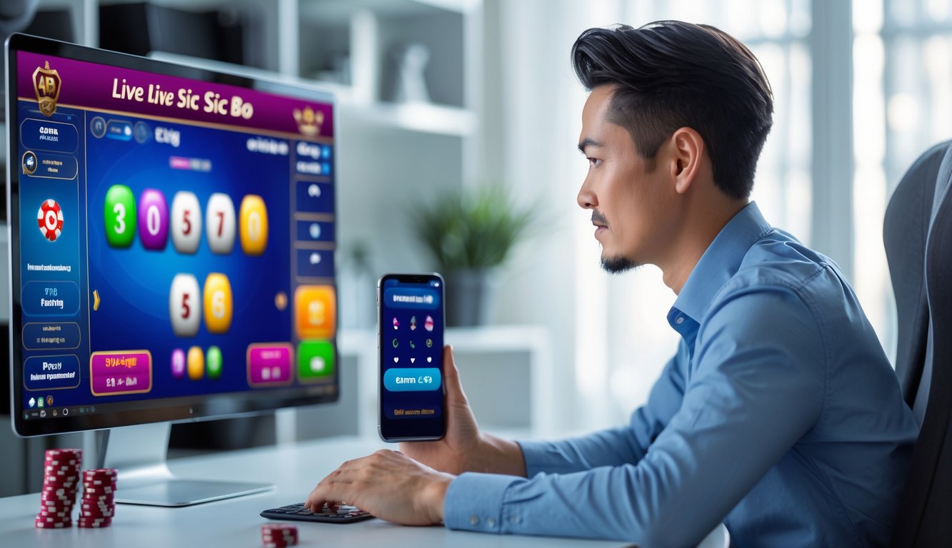 Seorang pemain dewasa fokus bermain permainan Sic Bo online di depan komputer di ruang kerja modern.