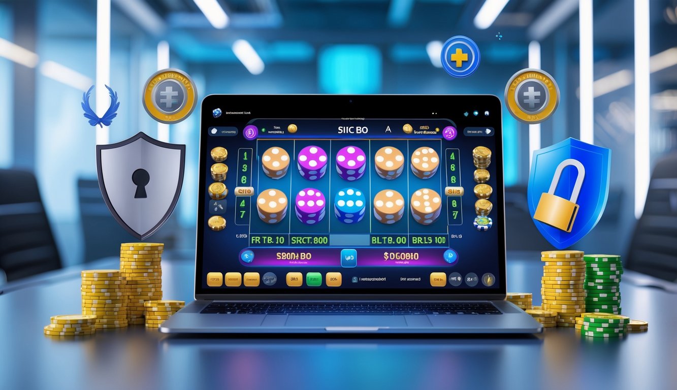 Seorang pria menggunakan laptop dengan permainan Sic Bo online di layar, dikelilingi oleh simbol keamanan dan tumpukan chip taruhan.