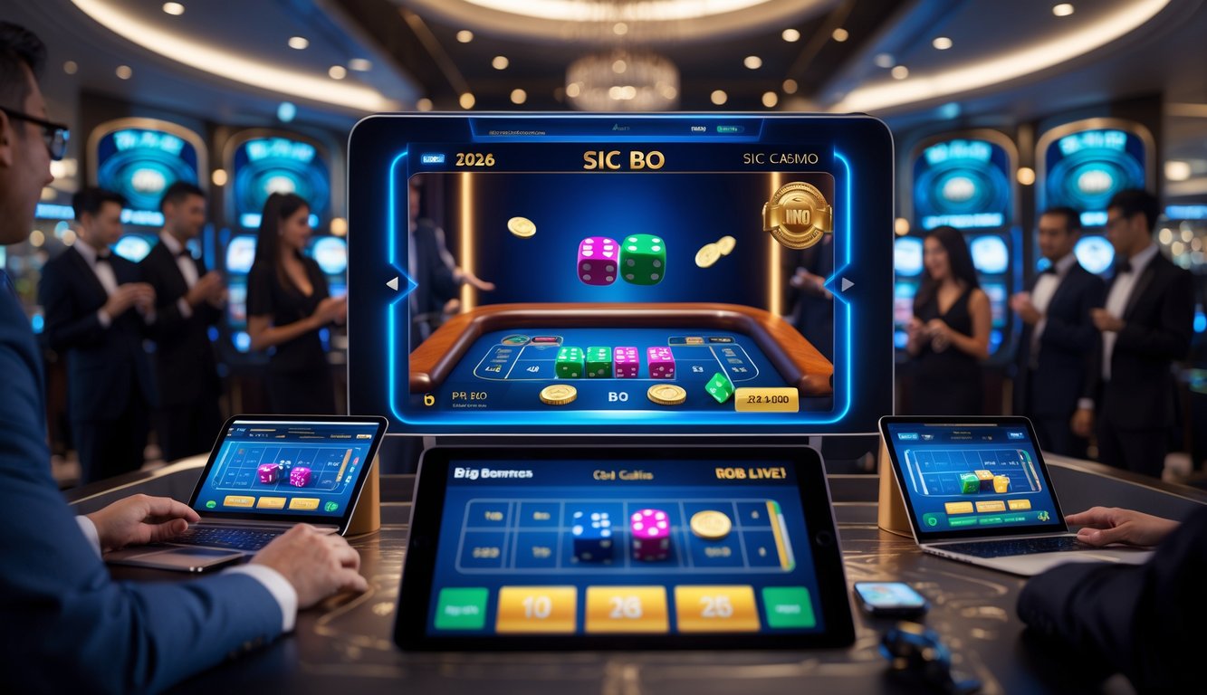 Suasana permainan Live Sic Bo online dengan dadu berwarna-warni di layar digital dan pemain yang menggunakan perangkat elektronik.