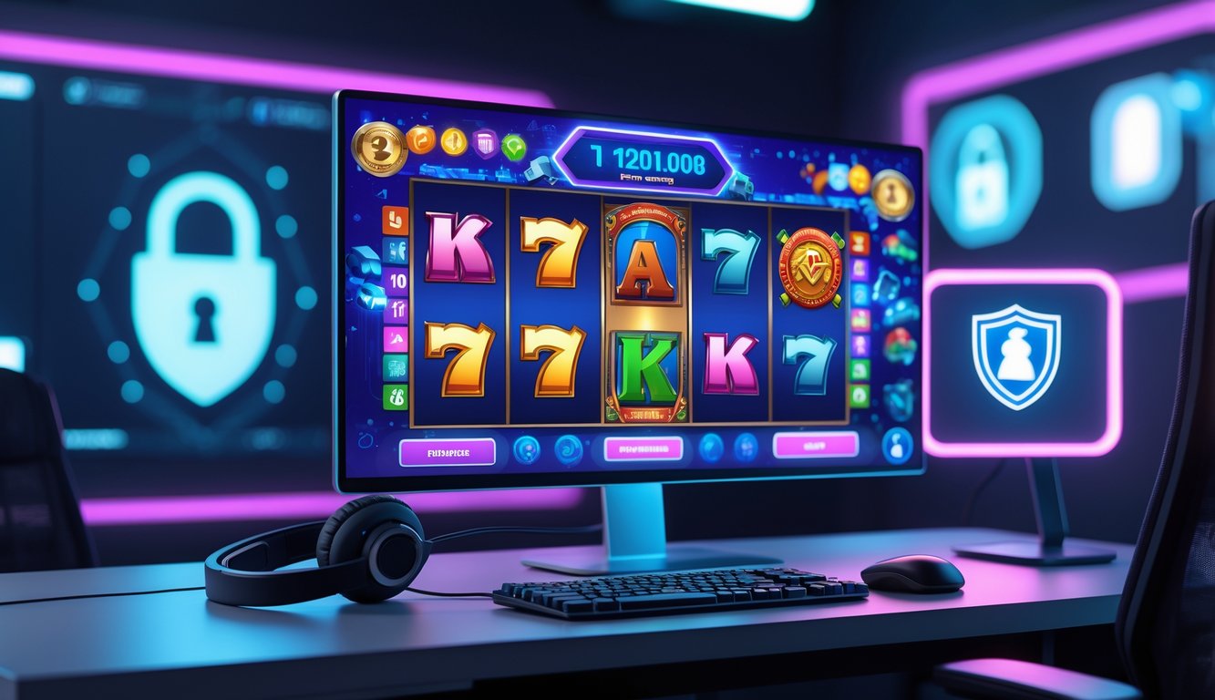 Meja kerja modern dengan komputer menampilkan permainan slot online dan perangkat teknologi di sekitarnya.