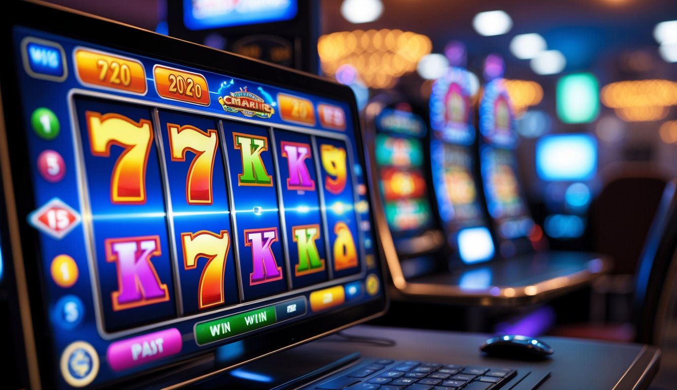 Tampilan layar perangkat dengan permainan slot online berwarna cerah dan latar belakang suasana kasino yang samar.