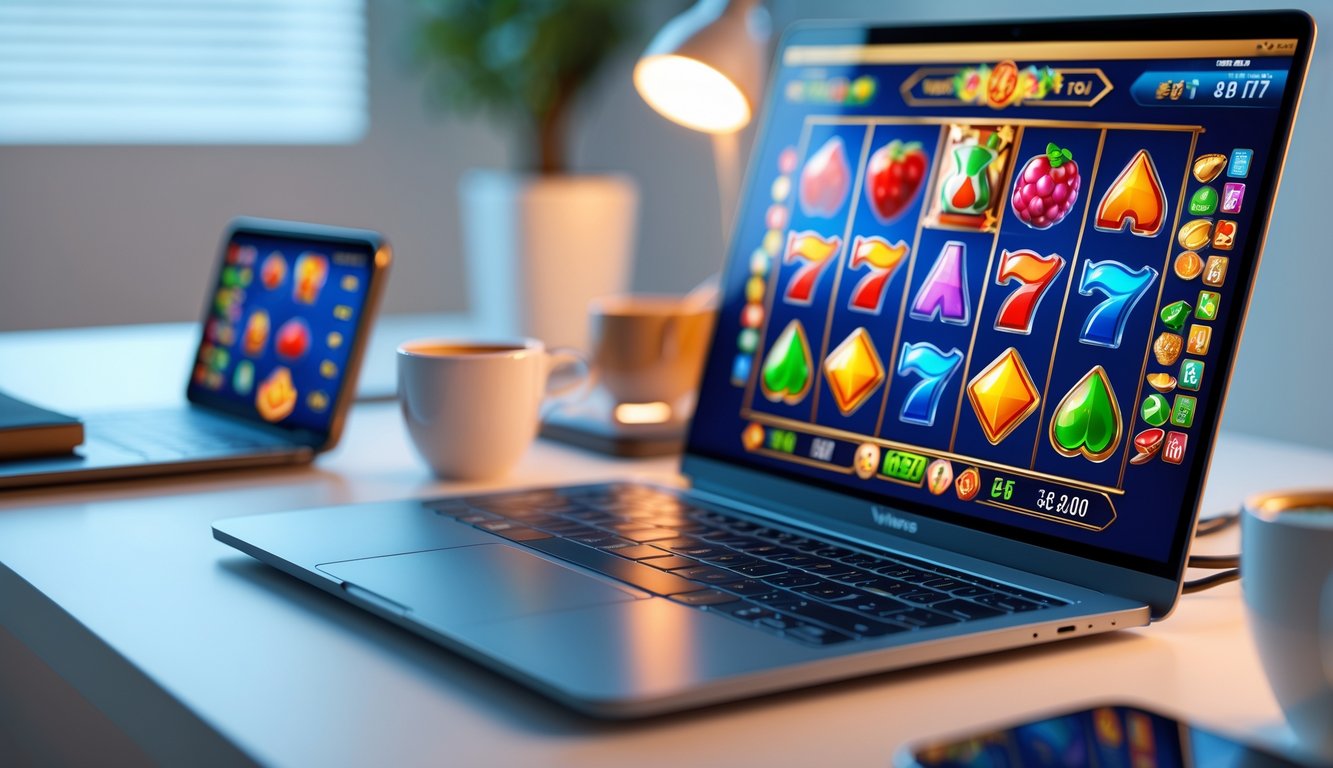Sebuah laptop dan smartphone menampilkan permainan slot online dengan simbol warna-warni di meja kerja yang rapi.