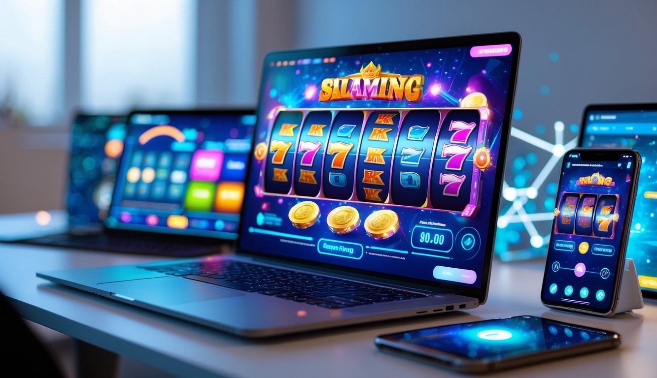 Seorang pengguna menggunakan laptop dan perangkat digital lain dengan tampilan permainan slot online yang cerah dan berwarna-warni di meja kerja modern.