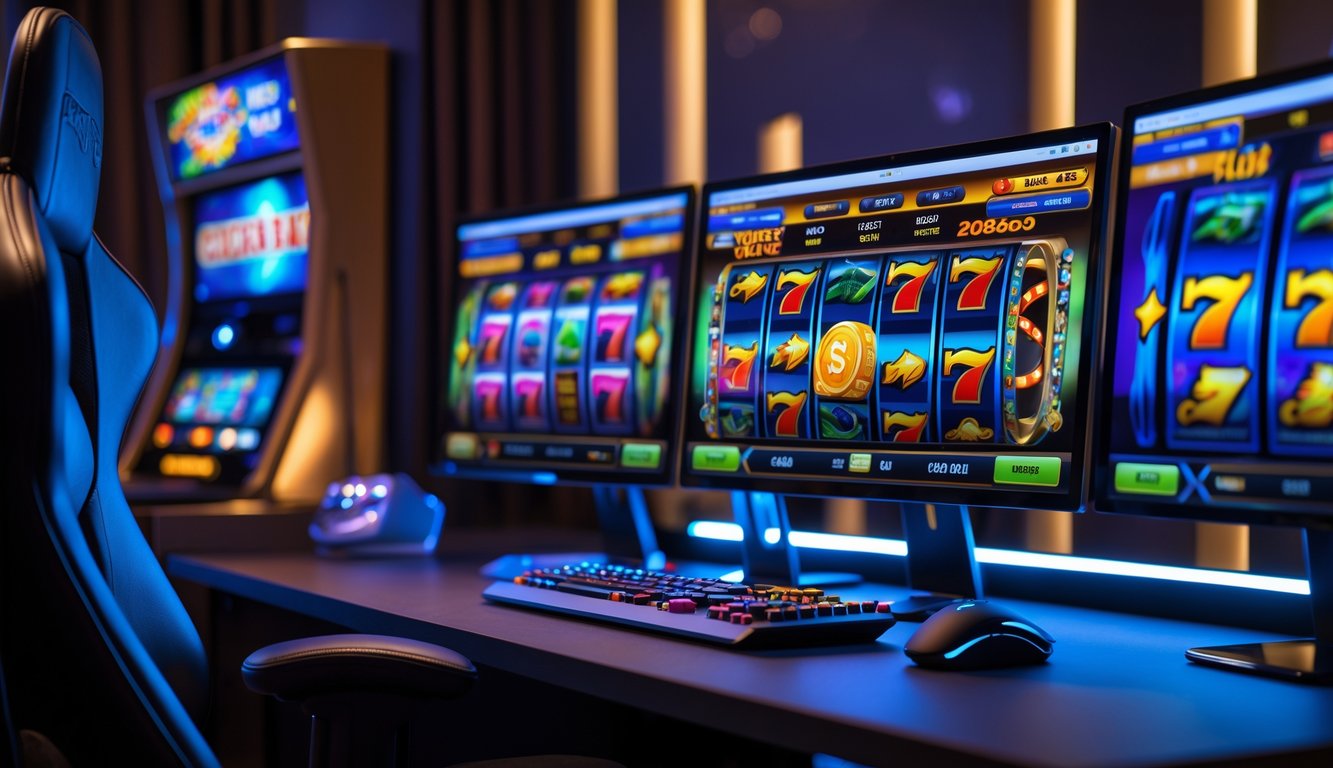 Suasana ruang modern dengan meja komputer menampilkan permainan slot online di beberapa layar monitor.