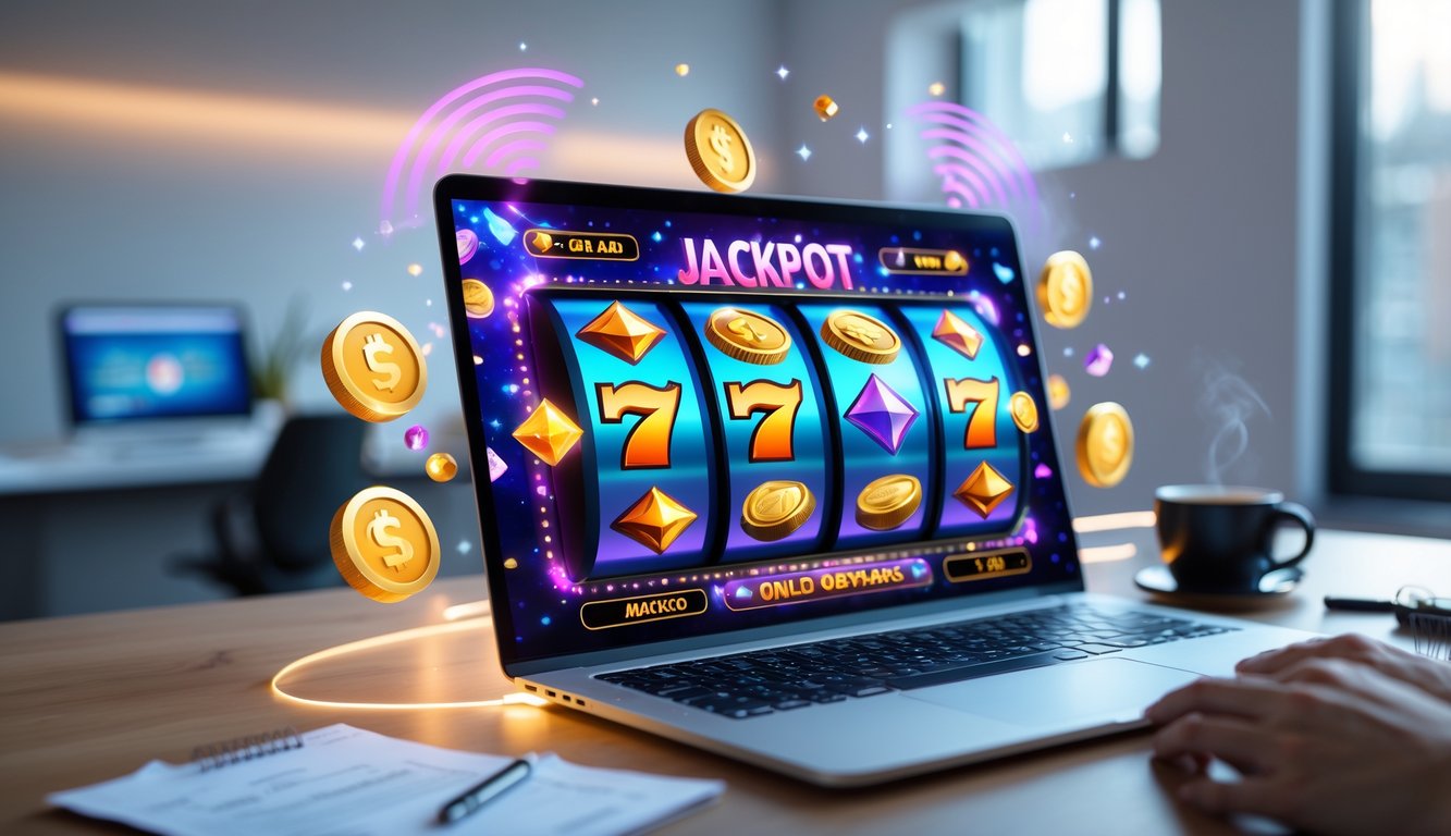 Seorang pengguna bermain mesin slot online di komputer dengan simbol jackpot berwarna cerah di layar.