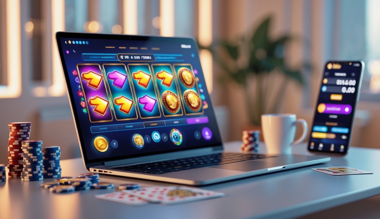 Seorang pengguna sedang bermain permainan slot online di komputer dengan chip poker dan kartu di sekitar meja.