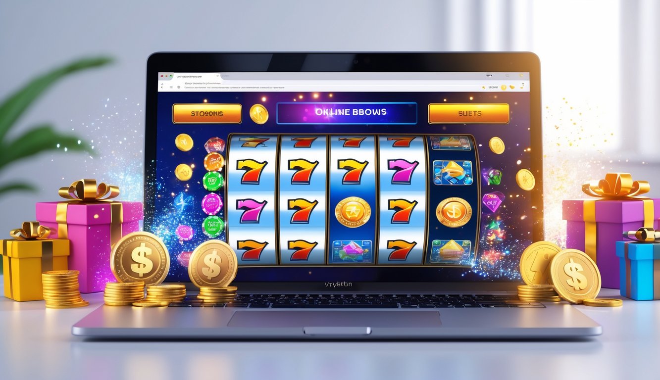 Seseorang menggunakan laptop dengan tampilan permainan slot online berwarna-warni dan koin digital di sekitarnya.