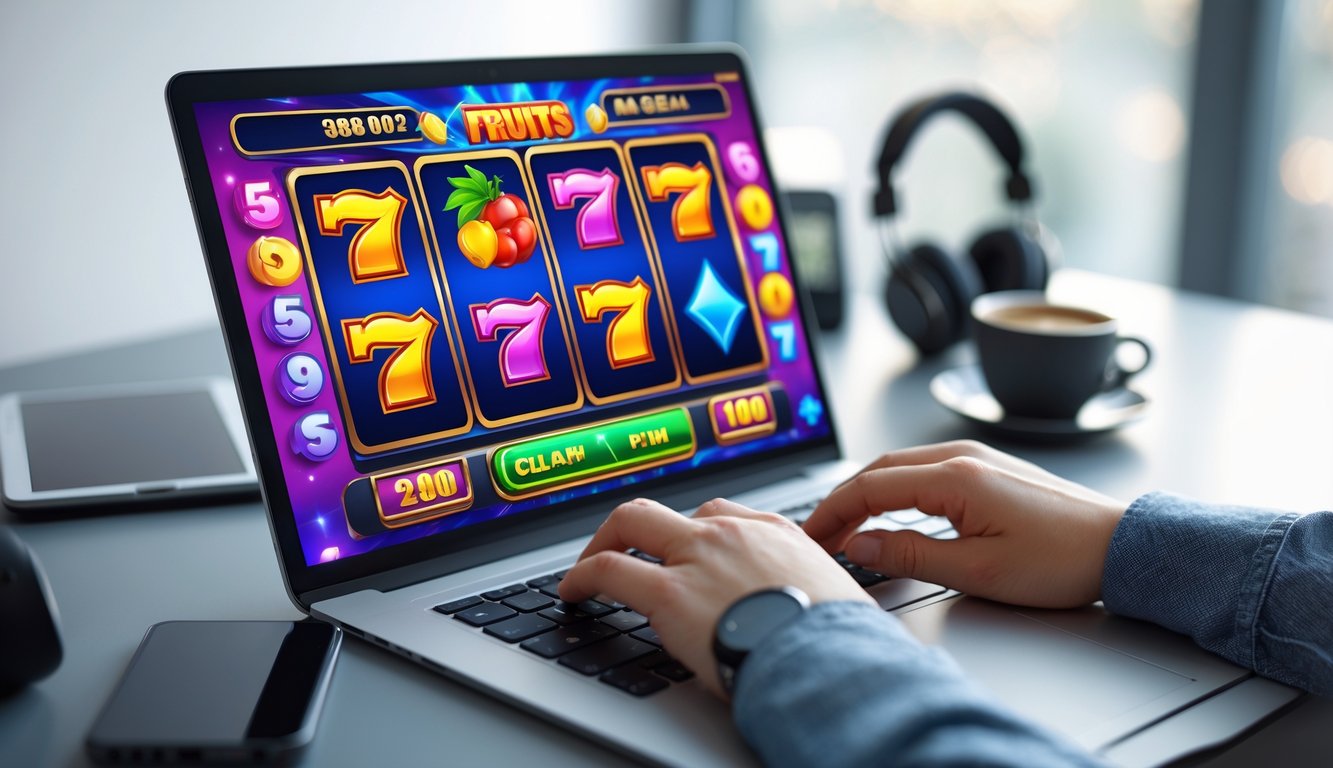 Seorang pengguna sedang bermain permainan slot online di komputer dengan tampilan layar berwarna cerah di ruang kerja yang rapi.