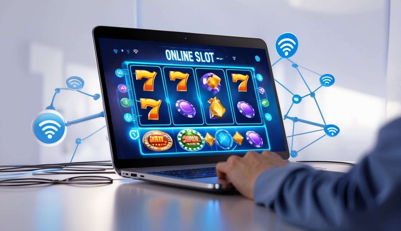 Seorang pengguna sedang bermain permainan slot online di komputer dengan layar menampilkan grafik permainan berwarna-warni.