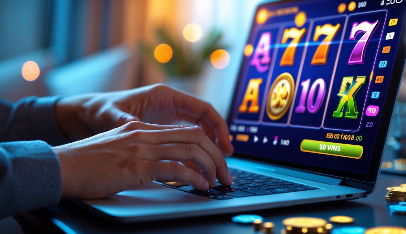 Seseorang menggunakan laptop atau ponsel dengan tampilan permainan slot berwarna-warni di layar dalam suasana rumah yang nyaman.