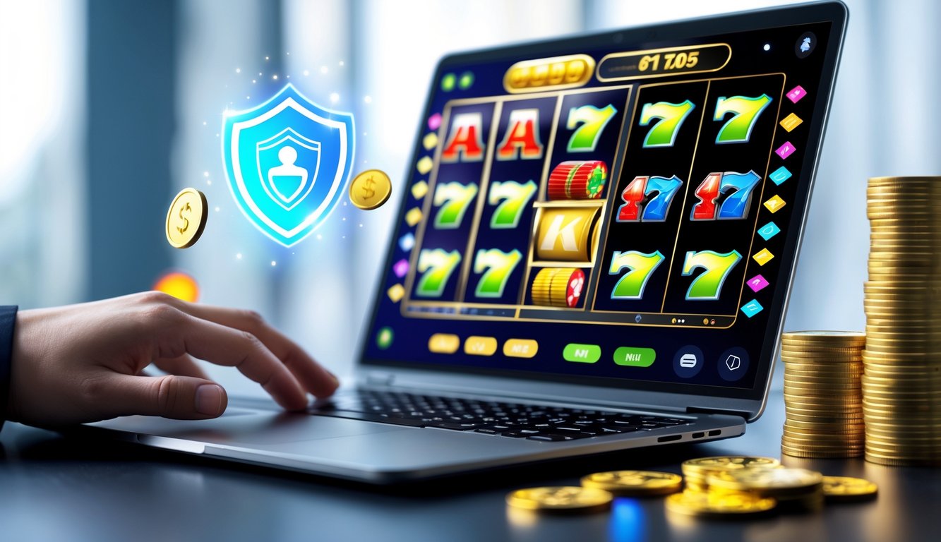 Seseorang menggunakan komputer dengan layar menampilkan permainan slot online berwarna cerah di lingkungan kerja yang rapi.