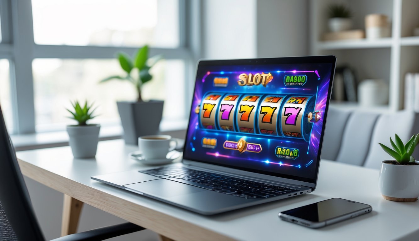 Meja kerja dengan laptop yang menampilkan permainan slot online, dilengkapi tanaman kecil dan cangkir kopi di ruangan yang terang.