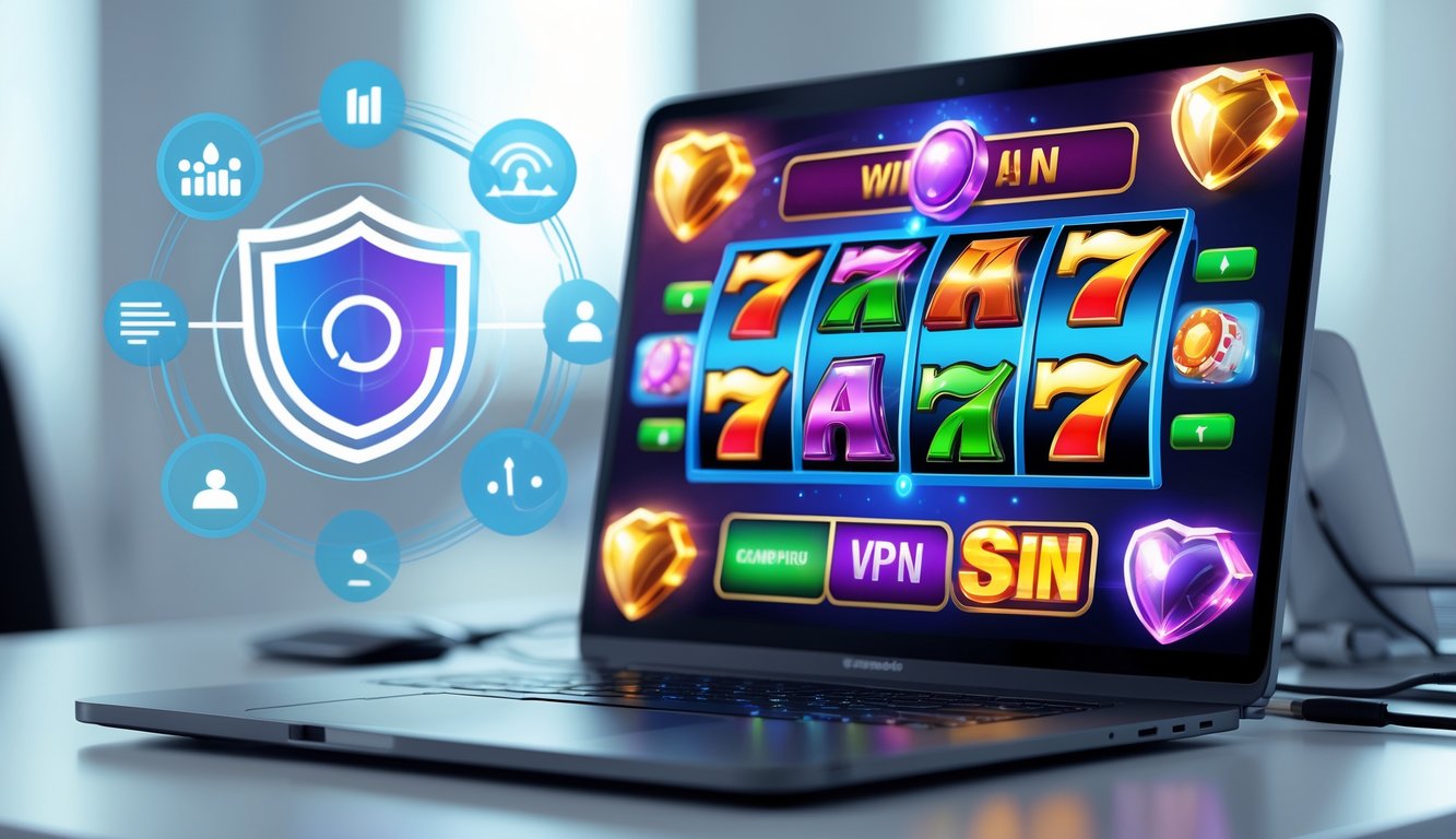 Seorang pengguna sedang bermain mesin slot online di komputer dengan latar belakang yang modern dan elemen yang menunjukkan koneksi internet aman tanpa VPN.