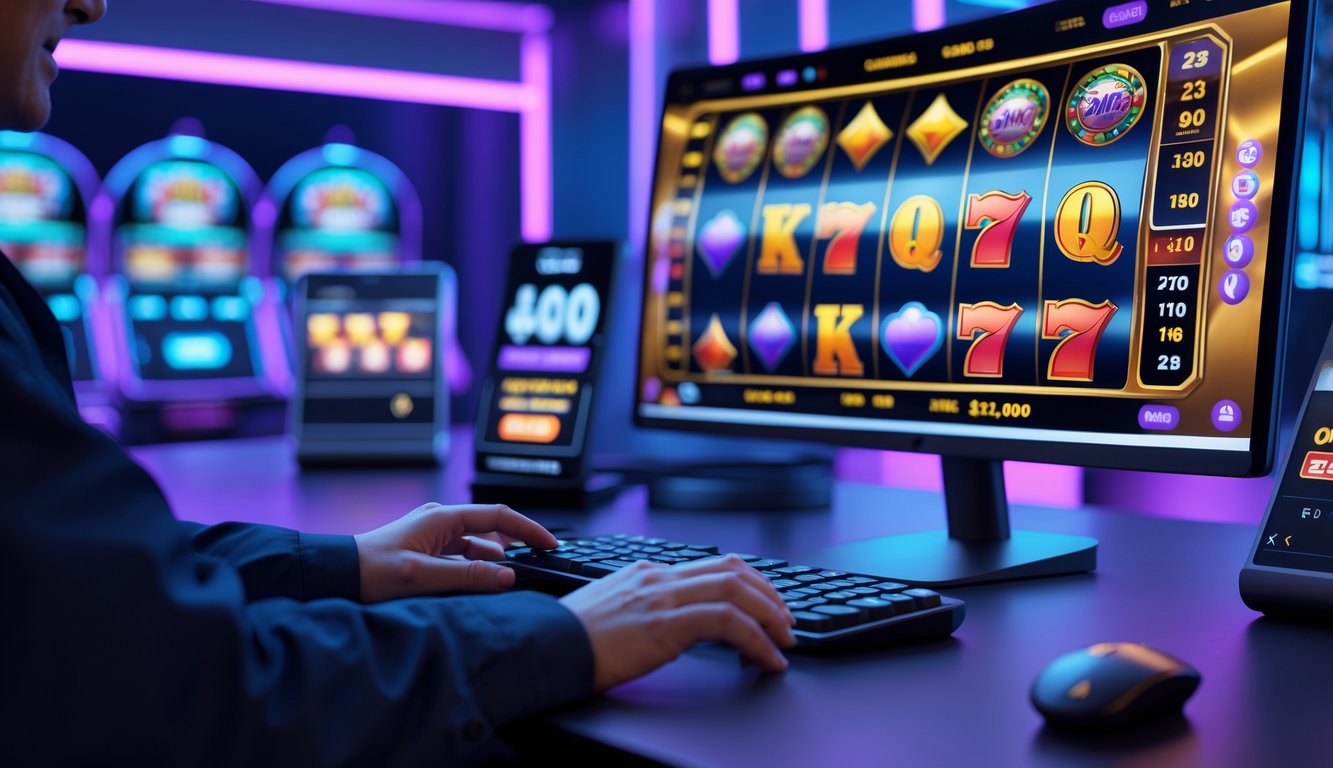 Seseorang menggunakan komputer dengan tampilan permainan slot online di layar dalam suasana modern dan futuristik.