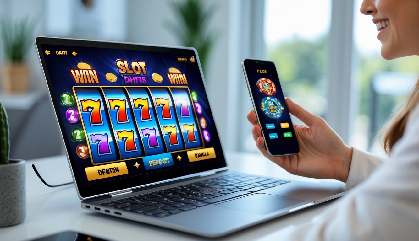 Seseorang menggunakan laptop dan ponsel untuk bermain permainan slot online dengan tampilan grafis warna-warni dan suasana yang nyaman.